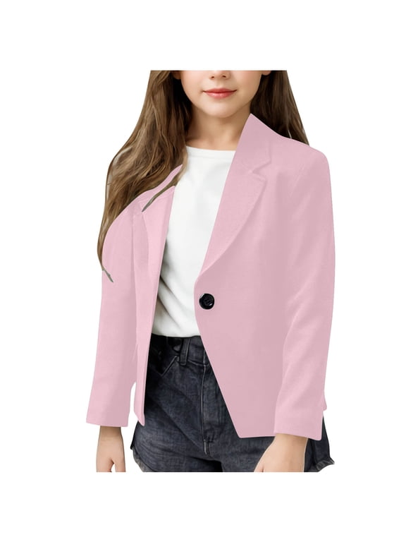 Girls Blazer Jackets, Buttons School Uniform Lapel Long Sleeve Fall Outerwear Pink Size 9-10 T