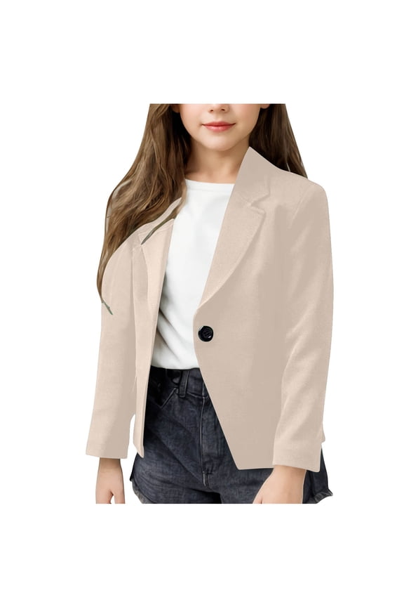 Girls Blazer Jackets, Lapel Buttons School Uniform Long Sleeve Fall Outerwear Beige Size 7-8