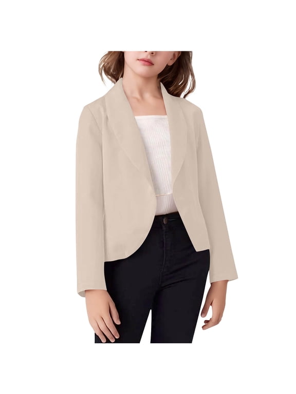 Girls Blazer Jackets, Lapel Long Sleeve School Uniform Open Front Fall Outerwear Beige Size 7-8