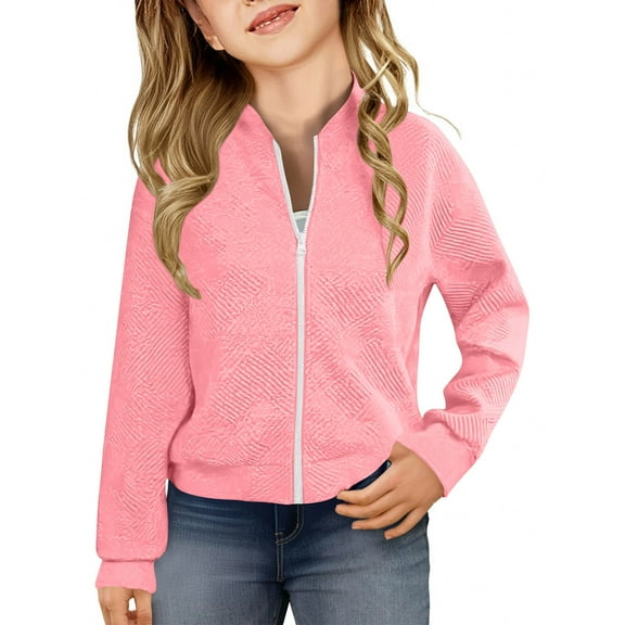 Cethrio Girls Bomber Jackets, Crewneck Casual Zip up Lightweight Fall Outerwear Pink Size 7-8