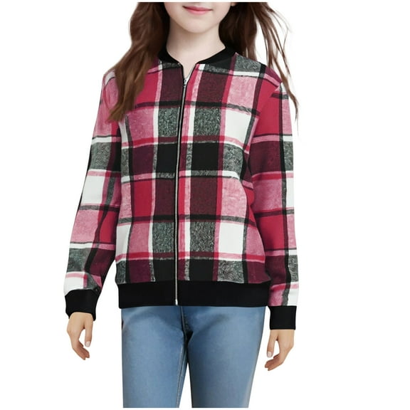 Cethrio Girls Bomber Jackets, Plaid Crew Neck Long Sleeve Zip up Fall Outerwear Hot Pink Size 14-16