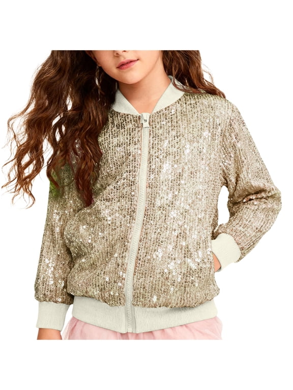 Girls Bomber Jackets, Sequin Zip up Performance Long Sleeve Spring Outerwear Gold Size 6