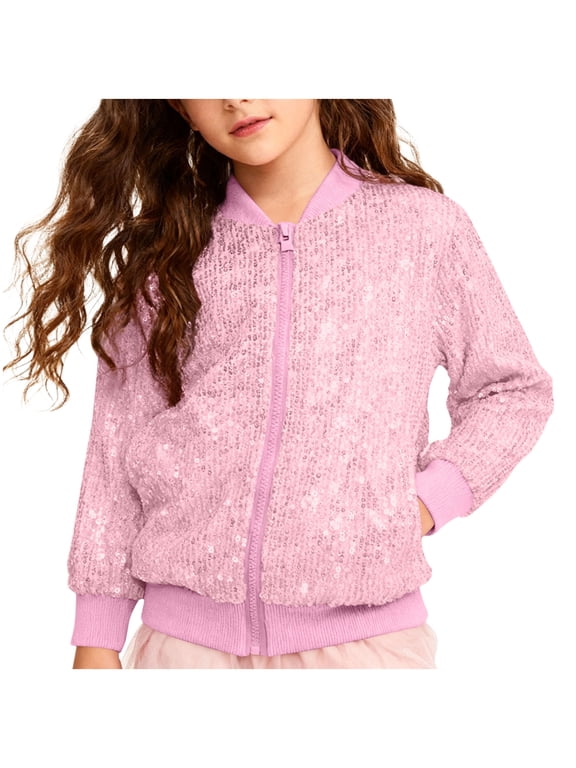 Girls Bomber Jackets Size 7-8, Long Sleeve Sequin Performance Zip up Spring Outerwear Pink Size 7-8