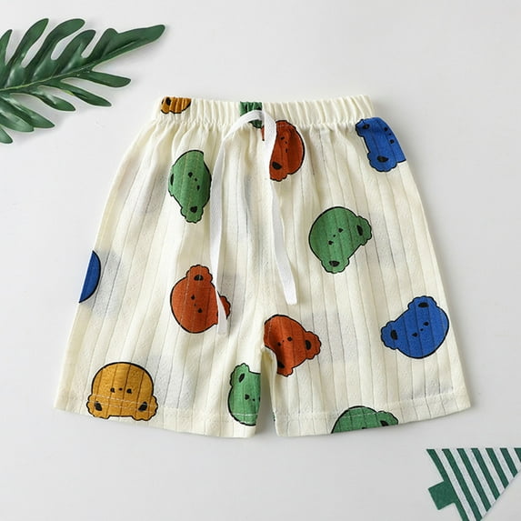 Cethrio Girls Boys Casual Shorts, Printed Elastic Waist Cotton Drawstring Summer Pants Beige Size 3-4 T