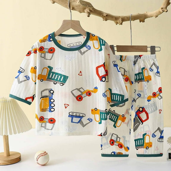 Cethrio Girls Boys Pajama Sets, 3/4 Sleeve Elastic Waist Cotton Printed Casual Loungewear Green Size 5-6 T