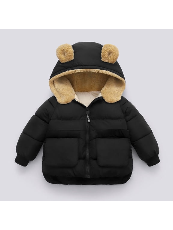 Girls Boys Puffer Jackets, Windproof Thickened Full Zip Warm Winter Coats Outerwear Black Size 12-18 Months