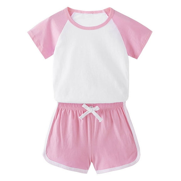 Cethrio Girls Boys Shorts Sets, Drawstring Sports Short Sleeve Outfit Sets Pink Size 8-9 T