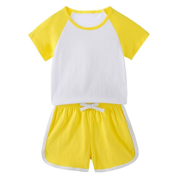 Cethrio Girls Boys Shorts Sets, Sports Drawstring Short Sleeve Outfit Sets Yellow Size 10-11 T