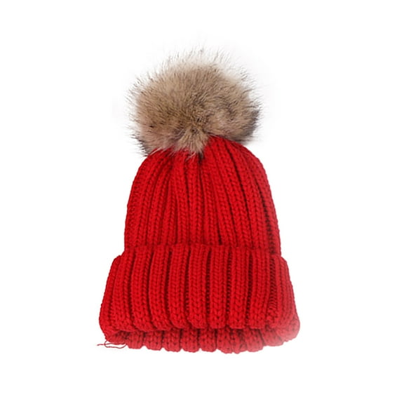 Cethrio Girls Boys Winter Beanie Hats, Knit Pompom Soft Warm Kids Caps Red Size Free Size