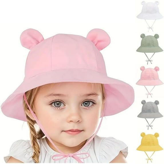 Cethrio Girls Bucket Hats, Outdoor Wide Brim Cotton Breathable Sun Hats Pink Size 3Months-4T