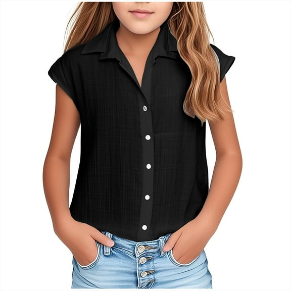Cethrio Girls Button Down Shirts, Solid Color Summer Casual 2025 Short Sleeve Shirts Black Size 11-12T