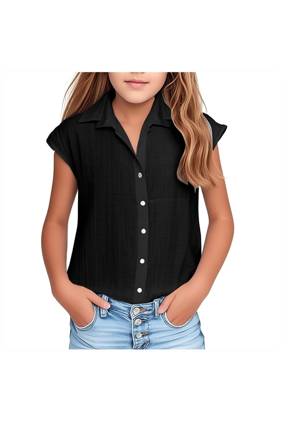 Girls Button Down Shirts, Solid Color Summer Casual 2025 Short Sleeve Shirts Black Size 11-12T