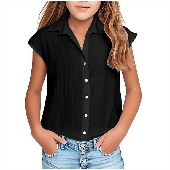 Cethrio Girls Button Down Shirts, Summer 2025 Casual Solid Color Short Sleeve Shirts Black Size 7-8T