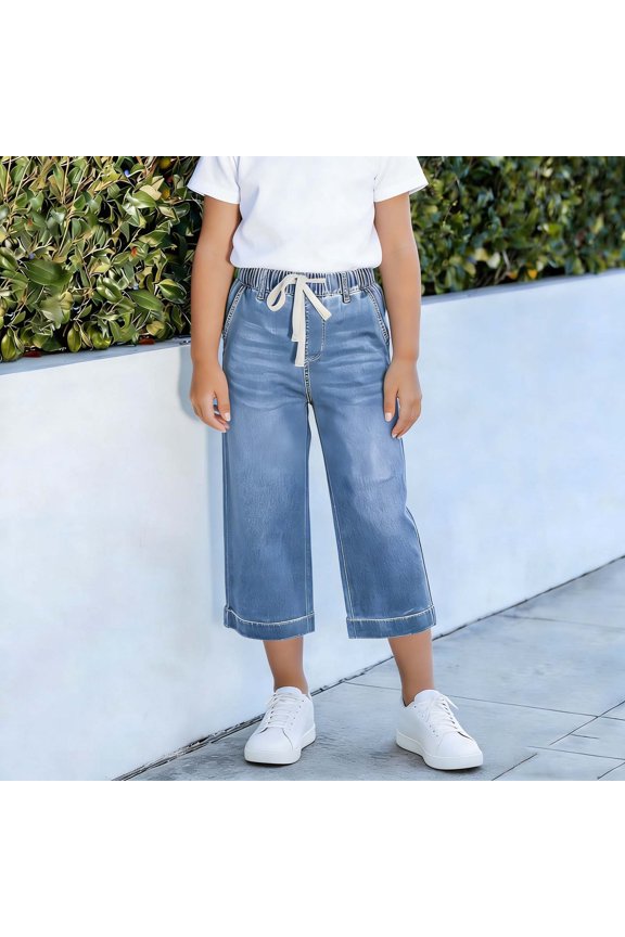 Girls Capri Jeans, Summer Casual Elastic Waist Relaxed Fit Denim Capri Pants Light Blue Size 5T