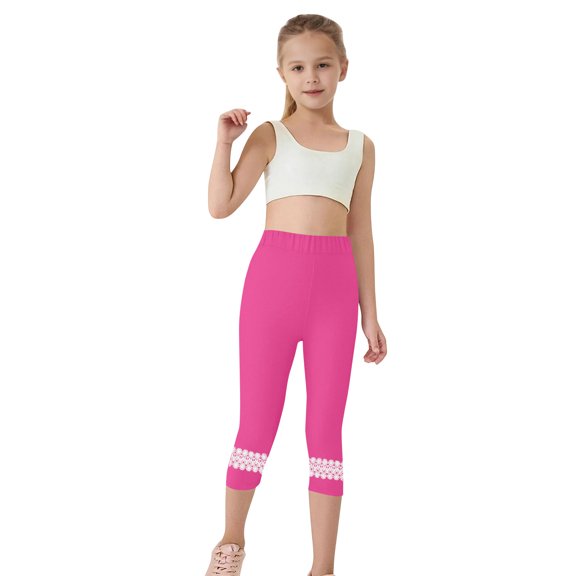 Cethrio Girls Capri Leggings, Casual Dance Elastic Waist Stretch Summer Pants Hot Pink Size 10-11 T