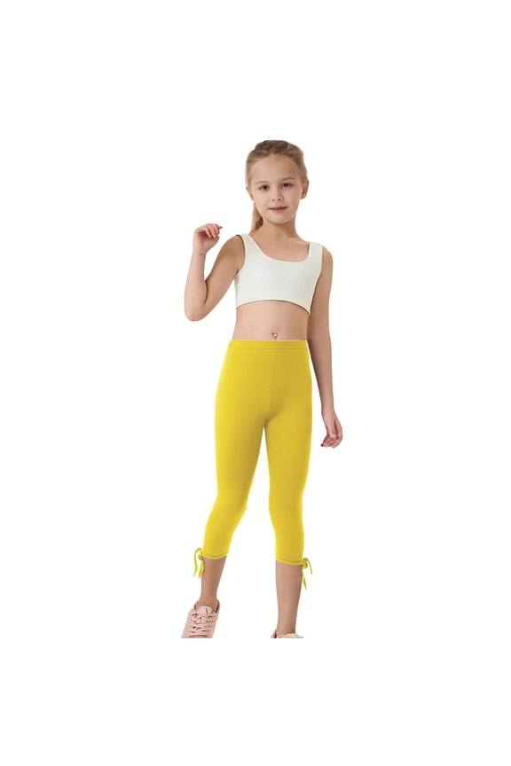 Girls Capri Leggings, Dance Stretch Elastic Waist Athletic Summer Pants Yellow Size 12-13 T