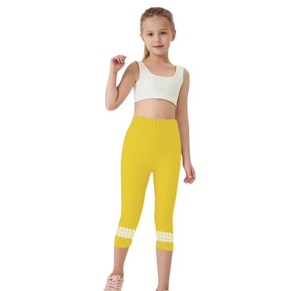 Cethrio Girls Capri Leggings, Elastic Waist Casual Dance Stretch Summer Pants Yellow Size 10-11 T