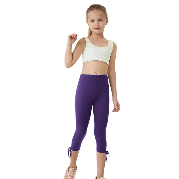 Cethrio Girls Capri Leggings, Elastic Waist Dance Stretch Athletic Summer Pants Purple Size 10-11 T