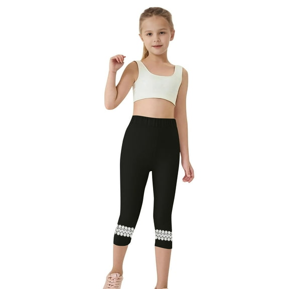 Cethrio Girls Capri Leggings Size 10-12 T, Dance Elastic Waist Stretch Casual Summer Pants Black