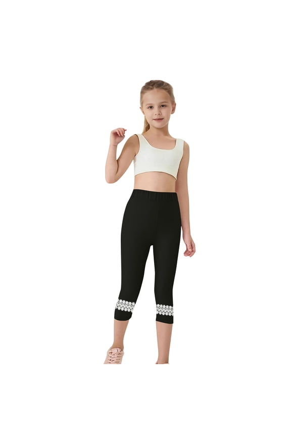 Girls Capri Leggings Size 10-12 T, Dance Elastic Waist Stretch Casual Summer Pants Black