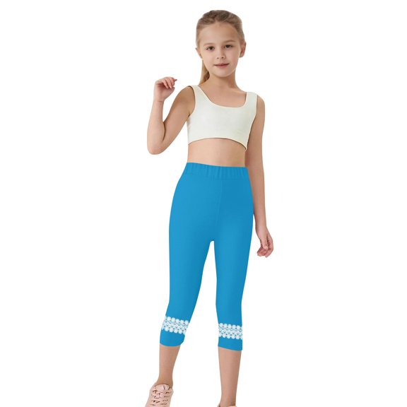 Cethrio Girls Capri Leggings, Stretch Casual Dance Elastic Waist Summer Pants Blue Size 10-11 T