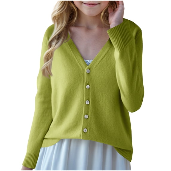 Cethrio Girls Cardigan Sweaters, Fall Winter Button Down Long Sleeve V Neck Knitted Cardigans Size 6-7 Years Mint Green
