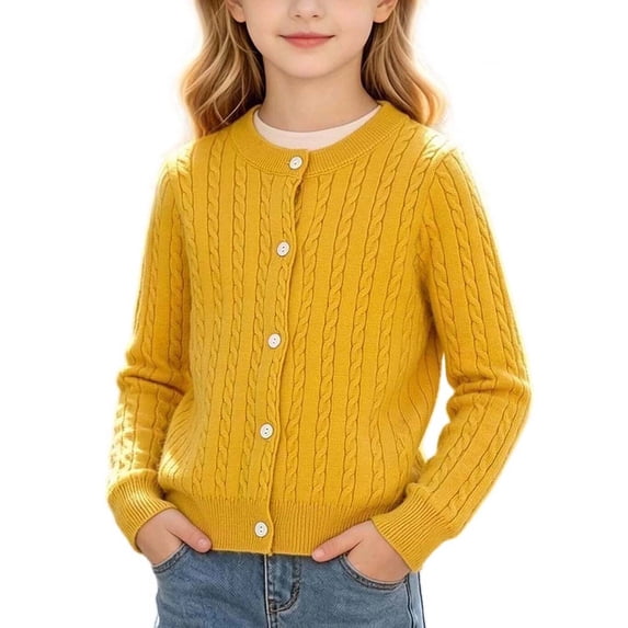 Cethrio Girls Cardigan Sweaters, Fall Winter Long Sleeve Button Down Daily Knitted Cardigans Size 3-4 Years Yellow