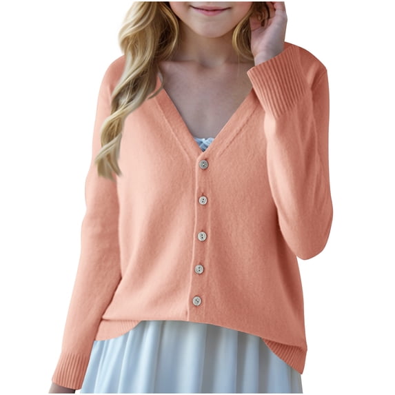 Cethrio Girls Cardigan Sweaters Size 10-12, Fall Winter V Neck Long Sleeve Button Down Knitted Cardigans Pink