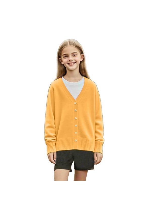 Girls Cardigan Sweaters Size 10-12, Spring Fall Knitted Long Sleeve V Neck Cardigans for Girl Yellow