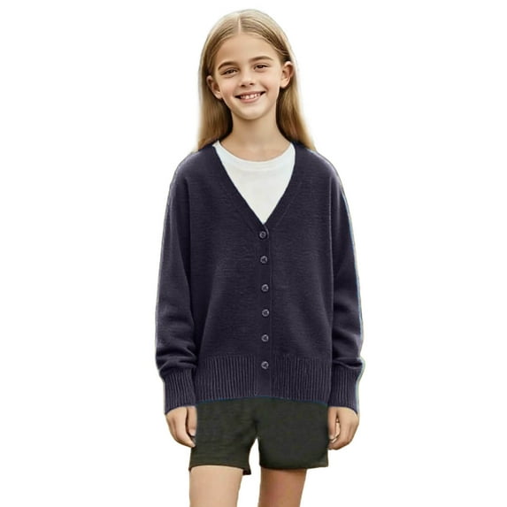 Cethrio Girls Cardigan Sweaters, V Neck Knitted Long Sleeve Spring Fall Cardigans for Girl Dark Blue Size 2-3T