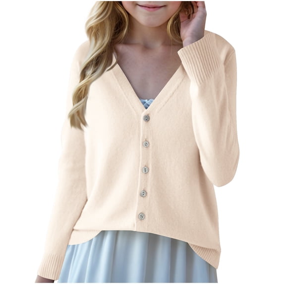 Cethrio Girls Cardigan Sweaters, V Neck Long Sleeve Button Down Fall Winter Knitted Cardigans Size 12-13 Years Beige