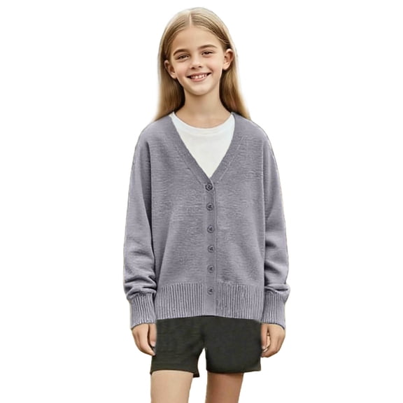 Cethrio Girls Cardigan Sweaters, V Neck Spring Fall Knitted Long Sleeve Cardigans for Girl Dark Gray Size 9-10T