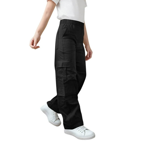 Cethrio Girls Cargo Pants, Casual Elastic Waist Multipocket Relaxed Fit Straight Leg Pants Black Size 14-16