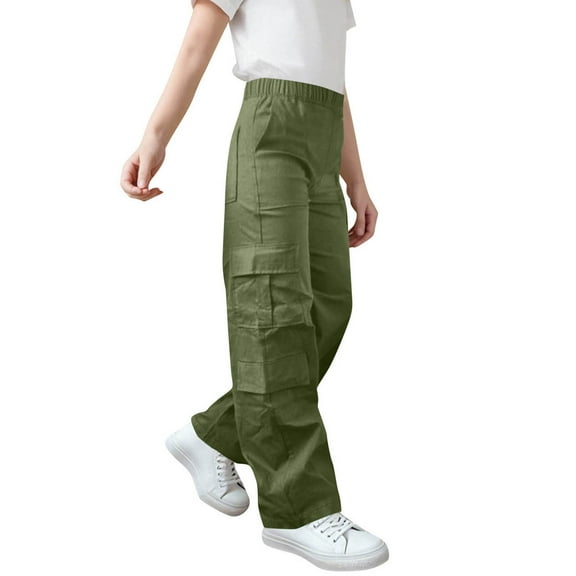 Cethrio Girls Cargo Pants, Casual Relaxed Fit Multipocket Elastic Waist Straight Leg Pants Army Green Size 12