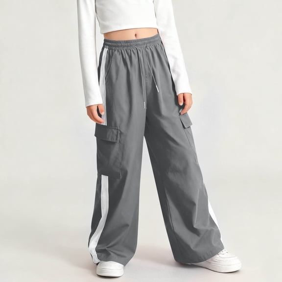 Cethrio Girls Cargo Pants, Loose Fit Multi-pocket Elastic Waist Casual Straight-leg Pants Gray Size 7-8