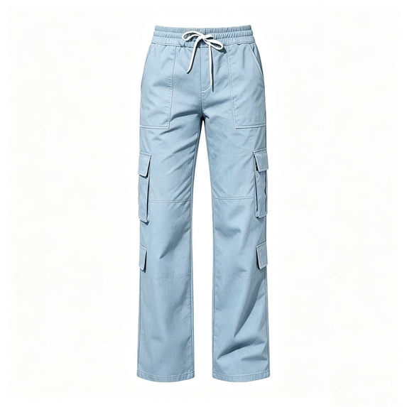 Cethrio Girls Cargo Pants, Multiple Pockets Casual Relaxed Fit Elastic Waist Straight-leg Pants Blue Size 9-10 T
