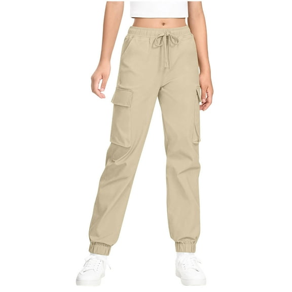 Cethrio Girls Cargo Pants, Multipocket Drawstring Elastic Bottom Casual Athletic Joggers Khaki Size 10-12