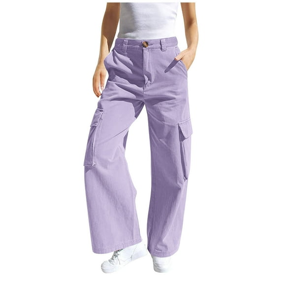 Cethrio Girls Cargo Pants, Straight Leg Elastic Waist Casual Athletic Pants with Pockets Purple Size 14-16