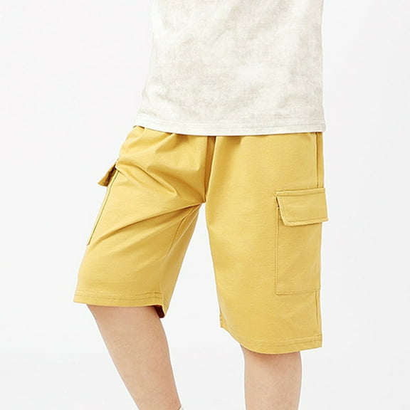 Cethrio Girls Cargo Shorts, Solid Color Cotton Elastic Waist Shorts with Pockets Yellow Size 10-11 T