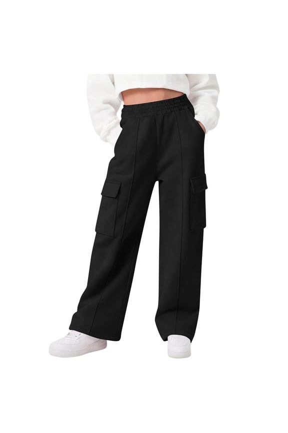 Girls Cargo Sweatpants, Casual Elastic Waist Multi-pocket Open Bottom Straight Leg Pants Black Size 14-16
