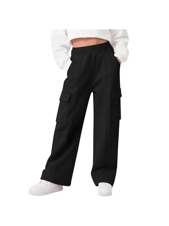 Girls Cargo Sweatpants Size 10-12, Casual Multi-pocket Open Bottom Elastic Waist Straight Leg Pants Black