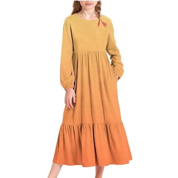Cethrio Girls Casual Dresses, Crew Neck Gradient Print Party Long Sleeve Maxi Dresses with Pockets Yellow Size 10-12