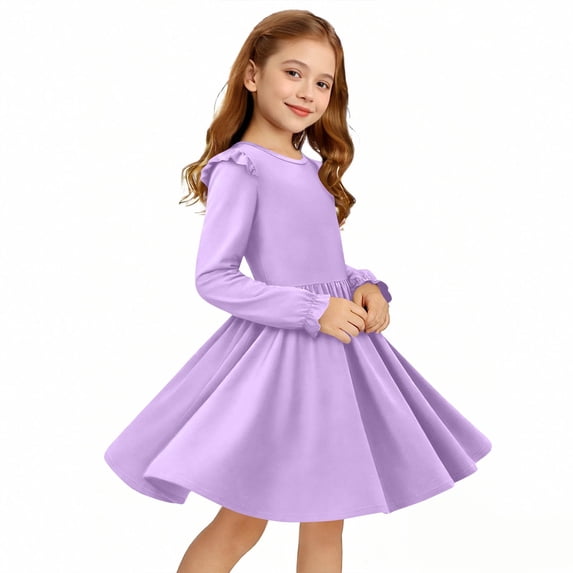 Cethrio Girls Casual Dresses, Long Sleeve Crew Neck Mid-length School Spring Dresses Purple Size 14-16