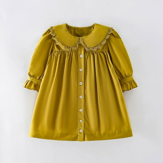 Cethrio Girls Casual Dresses Long Sleeve Solid Ruffled Yellow Dresses Size 3Y