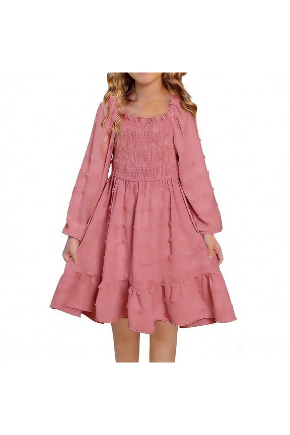 Girls Casual Dresses, Mid-length Ruffled Summer Long Sleeve Summer Dresses Pink Size 10-12