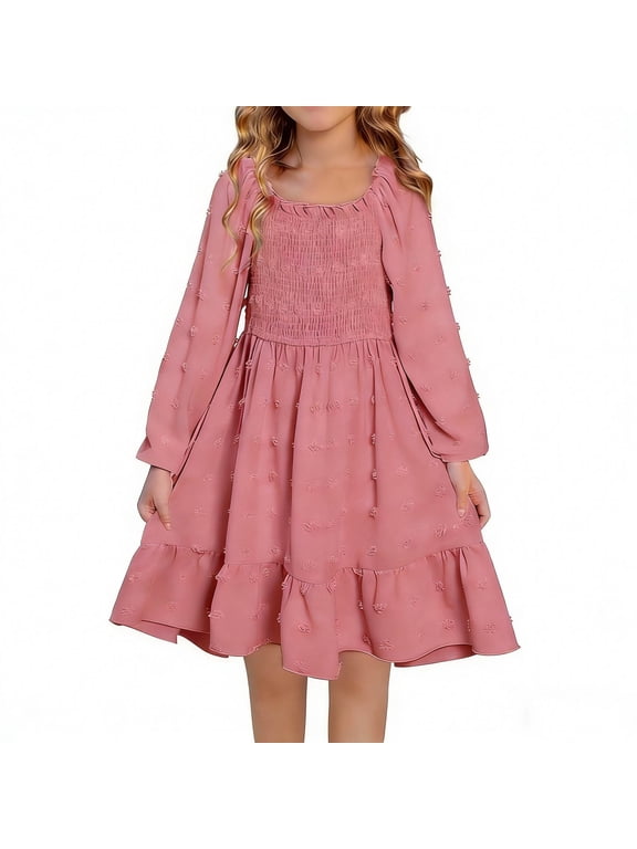Girls Casual Dresses, Mid-length Ruffled Summer Long Sleeve Summer Dresses Pink Size 10-12
