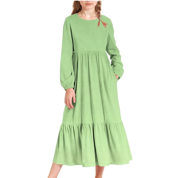 Cethrio Girls Casual Dresses, Party Crew Neck Gradient Print Long Sleeve Maxi Dresses with Pockets Green Size 14-16