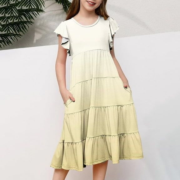 Cethrio Girls Casual Dresses, Princess Flutter Sleeve Party Gradient Print Summer Dresses Gold Size 14-15 T