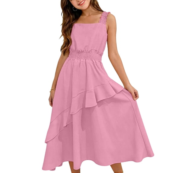 Cethrio Girls Casual Dresses, Princess Vacation Sleeveless Spaghetti Strap Kids Summer Dresses Pink Size 12