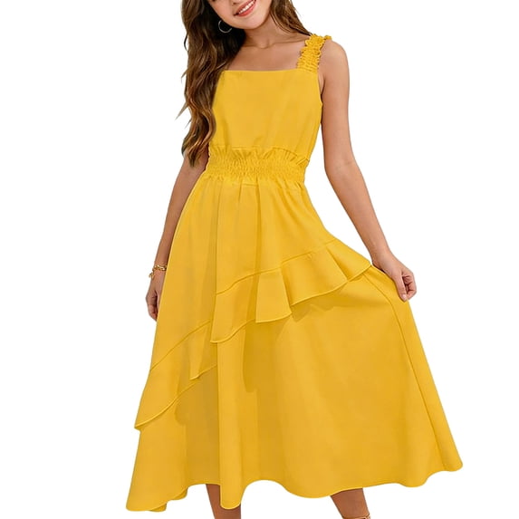 Cethrio Girls Casual Dresses, Princess Vacation Spaghetti Strap Sleeveless Kids Summer Dresses Yellow Size 3-4T